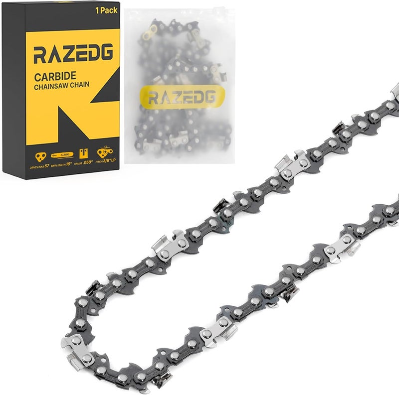 RazEdg Carbide Chainsaw Chain 16 Inch, 3/8" LP Pitch, .050" Gauge, 57 Drive Links, Fits Echo CS-3510/352/3400/400, Worx WG300,WG303 - S57 (1 Chain) - Image 1